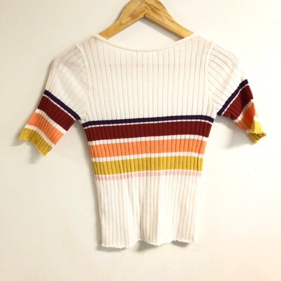 Retro Striped Button Up Short Sleeve Cardigan - Picture 2 of 4